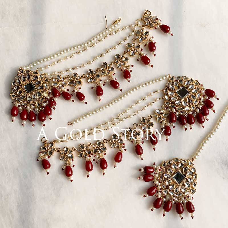 GHUNCHA EARRINGS AND TIKKA SET GOLDEN MAROON - A GOLD STORY