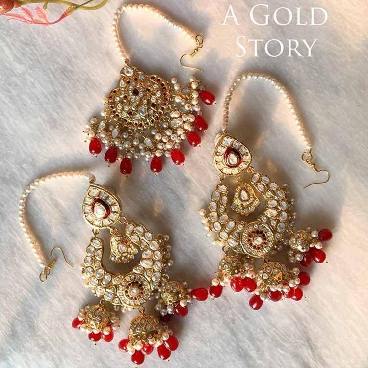 EESHA KUNDAN EARRINGS AND TIKKA RED
