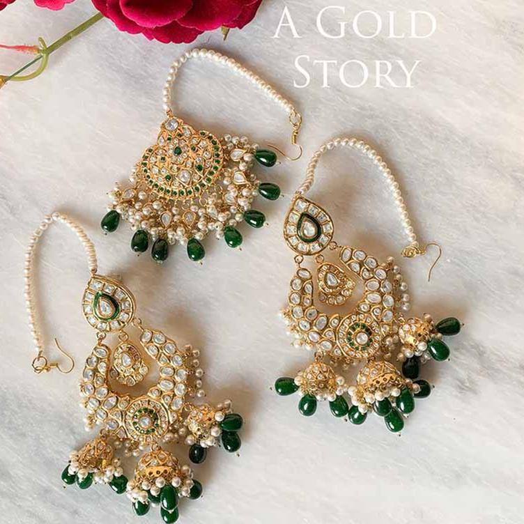 EESHA KUNDAN EARRINGS AND TIKKA GREEN