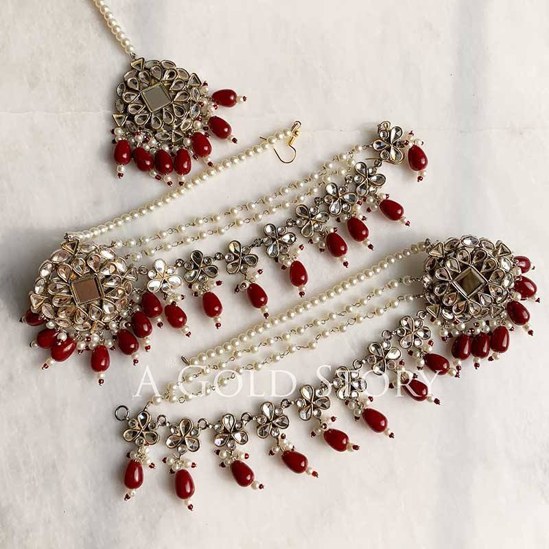 GHUNCHA EARRINGS AND TIKKA SET SILVER MAROON - A GOLD STORY