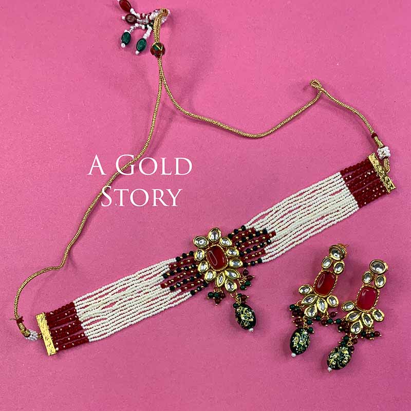 RABIHA KUNDAN CHOKER SET GREEN & RED