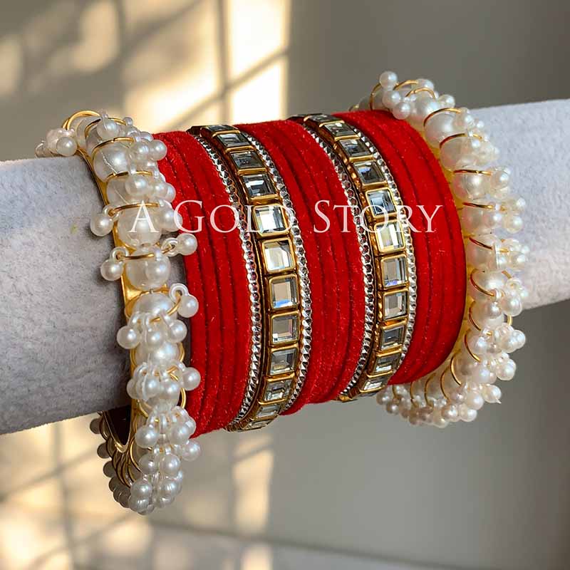 ALMAS VELVET BANGLES SET RED