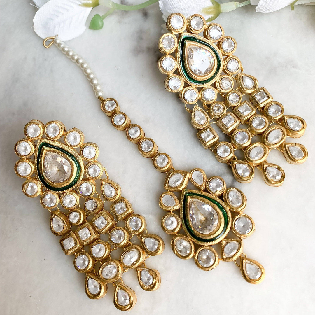 VAFIA EARRINGS AND TEEKA GREEN MEENAKARI EMBELLISHED