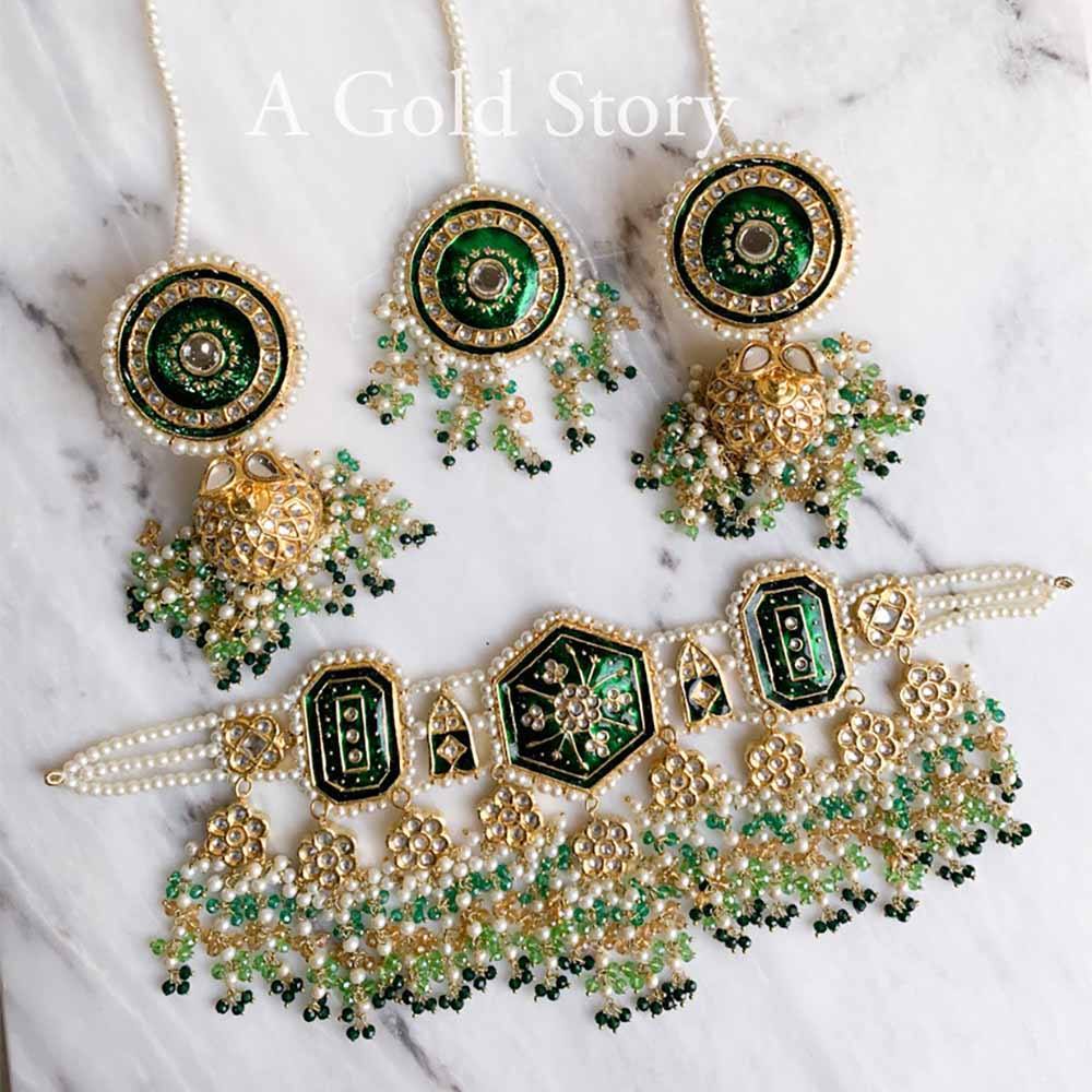 ATIYA CHOKER SET GREEN - A GOLD STORY