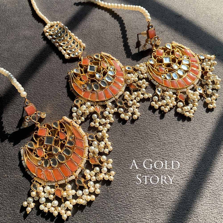 DILNASHEEN KUNDAN EARRINGS AND TIKKA PEACH