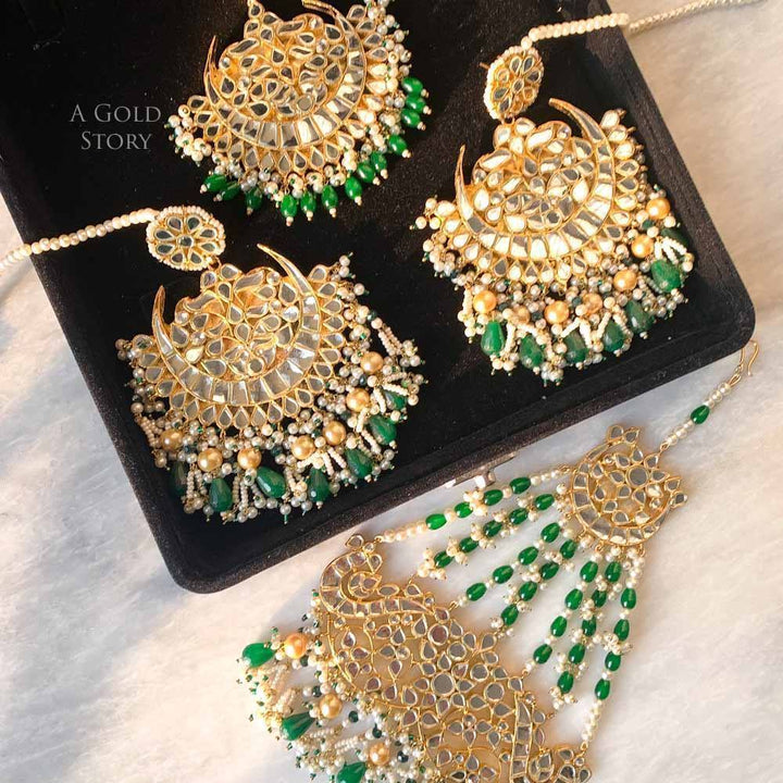 AINA KUNDAN EARRINGS, JHOOMAR AND TIKKA SET