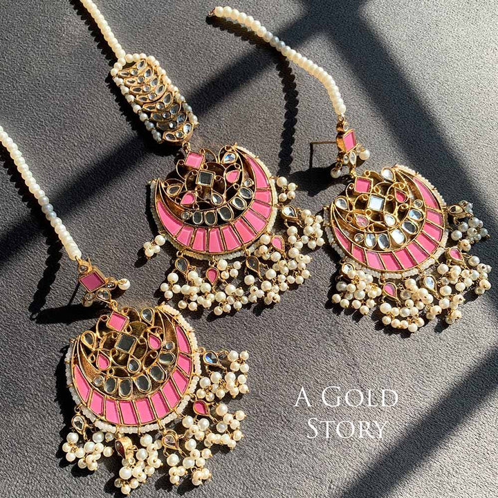 DILNASHEEN KUNDAN EARRINGS AND TIKKA PINK