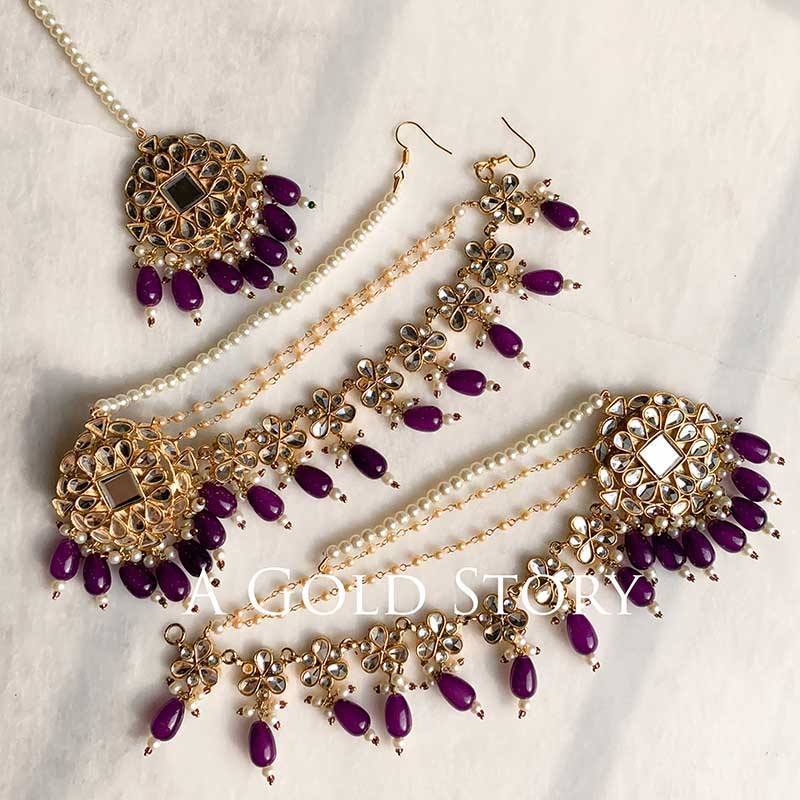 GHUNCHA EARRINGS AND TIKKA SET GOLDEN PURPLE - A GOLD STORY