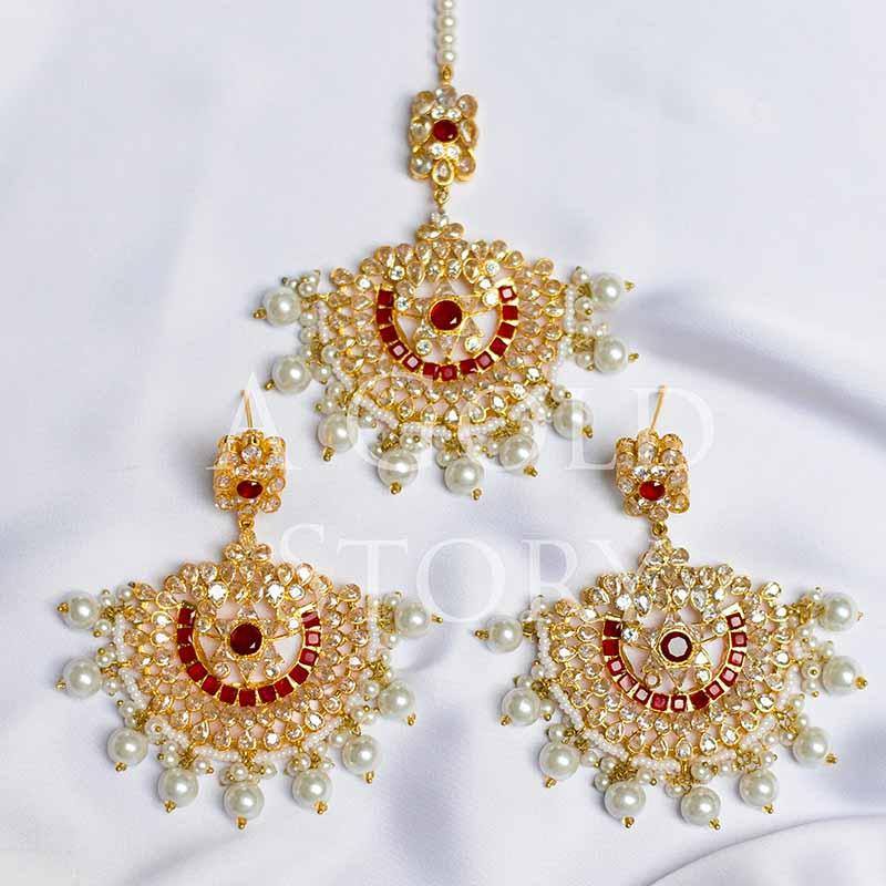 REENA EARRINGS AND TIKKA SET RED - A GOLD STORY